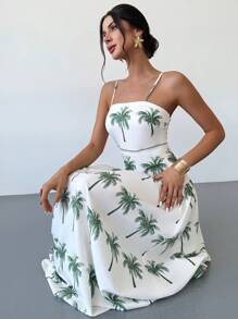 Firerie Women's Elegant Casual Beach Vacation New Palm Tree Print Cinched Waist Maxi Slip Dress, Summer - Green - View 6