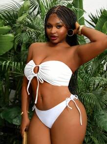 Slaydiva 纯色大码女式性感前吊带比基尼上衣 - 白色 - 查看 5