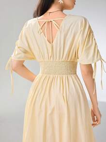 Heiryn Đầm dài tay ngắn cổ chữ V họa tiết hoa 3D cho nữ, eo rút dây - Màu vàng - Xem 7