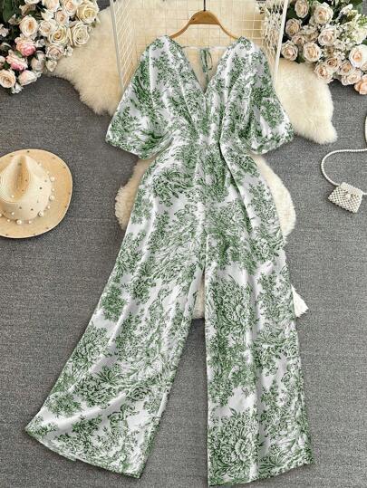 DreamSkyne 大码女式深褶皱收腰热带树叶印花短袖连体裤，度假风格，春夏季