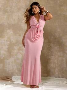 Flirla Plus Size Women 3D Floral Decor Cowl Neck Sleeveless Top & Fishtail Midi Skirt Fitted Elegant 2 Pieces Set Long Pink Dress Women - Pink - View 1