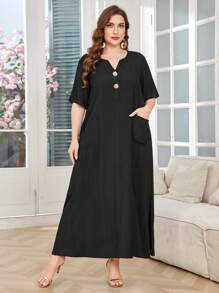 Lacomfia Women's Plus Size Rose Gold Button Pocket Loose Short Sleeve Casual Dress - Black - View 5