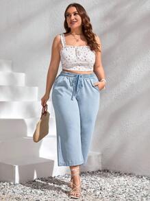 SHEIN CURVE+ Plus Size Women Autumn Drawstring Waist Jeans - Light Wash - View 4