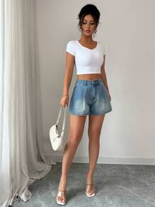 Elenzga 女士口袋褶皱阔腿宽松休闲百搭牛仔短裤 - 中等水洗藍 - 查看 6