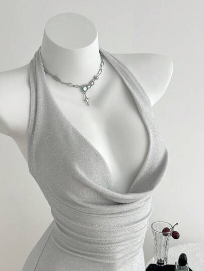 Elamini 闪亮夏季度假深V领挂脖迷你连衣裙，浅蓝色