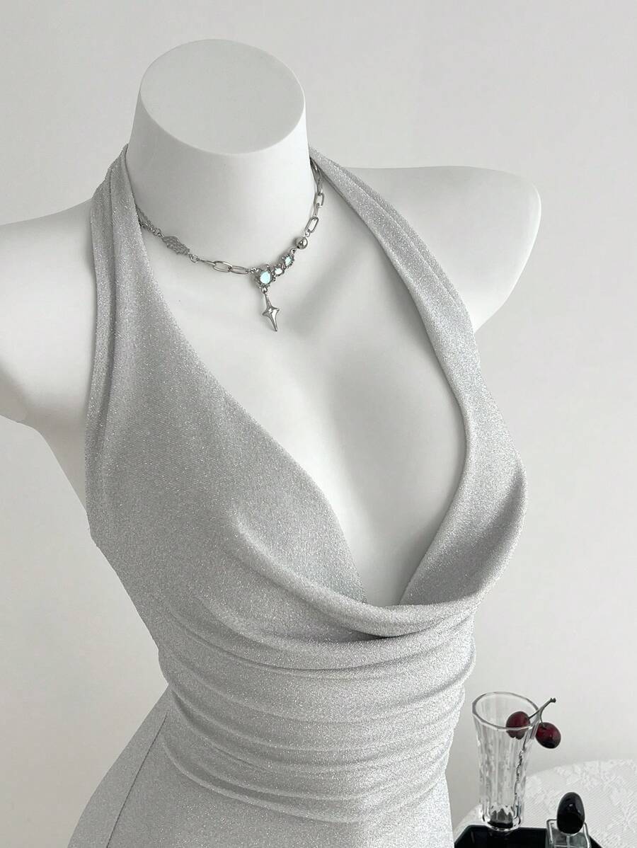 Elamini 闪亮夏季度假深V领挂脖迷你连衣裙，浅蓝色 - 白色 - 查看 1