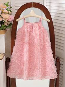 Girls' Summer Pink Fairy Flower Girl Dress,3D Floral Mesh Sleeveless Round Neck Slip Dress,Elegant Kids Casual Stylish Outfits For Daily Outings - Pink - View 2