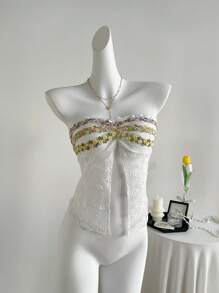 Sweetra Women's Holiday Ruffle Sweetheart Neck Cropped Top - White - View 3