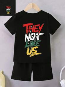 2pcs Toddler Boys Basic Short Sleeve T-Shirt + Black Shorts Set - Multi-Color School Clothes Back To School Clothes Puppy Keep Puppy Graphic Tees - Black - View 2