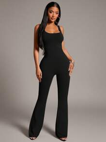 Radiana 女式纯色露背无袖喇叭连体裤 - 黑色 - 查看 7
