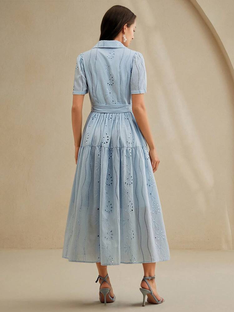 Women's Collared Short Sleeve Cinched Waist Cinched Waist Loose Long Dress