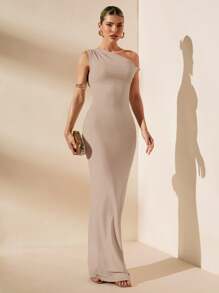 SHEIN BAE Vestido blanco puro con cuello asimétrico sexy, ajustado, con espalda retorcida, elegante, para vacaciones, dama de honor, fiesta de cumpleaños, graduación