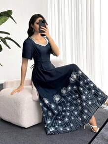 Lacomfia Spring & Summer Placed Print Ribbon Tie Waist Square Neck Cinched Waist Midi Dress For Women - Navy Blue - View 3