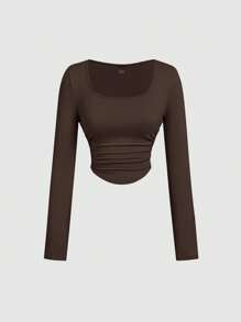 SHEIN MOD 3件套女士褶皱休闲方领长袖T恤套装，保暖衣物，秋季女装，外出上衣，假日女装，S码，棕色上衣 - 棕色 - 查看 5