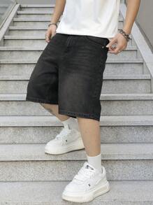 Claim Dot 男士纯色复古休闲宽松牛仔短裤，夏季 - 黑色 - 查看 6