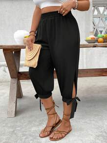 EMERY ROSE Plus Size High Waist Draw String Capri Pants, Spring & Summer - Black - View 7