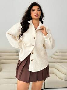 Solflare Plus Size Women Casual Versatile Apricot Jacket Teddy Cardigan Winter Fall Autumn