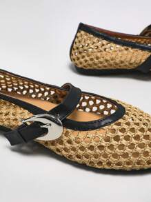 SHUZIA Giày búp bê Mary Jane Ballet Flat Crochet Raffia dành cho nữ - Màu be - Xem 4