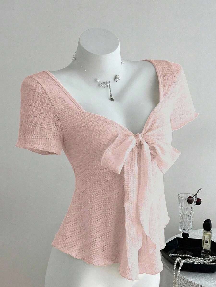 Elamini Áo thun cổ chữ V tay ngắn thắt nơ thời trang mùa xuân/hè, vải có họa tiết ôm vừa vặn dành cho nữ - Hồng - Xem 1