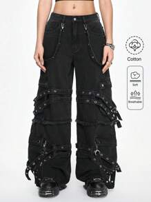 ROMWE Grunge Punk Luźne, szerokie nogawki jeansów w stylu casual punk street z metalowymi ozdobami z taśmy dla kobiet