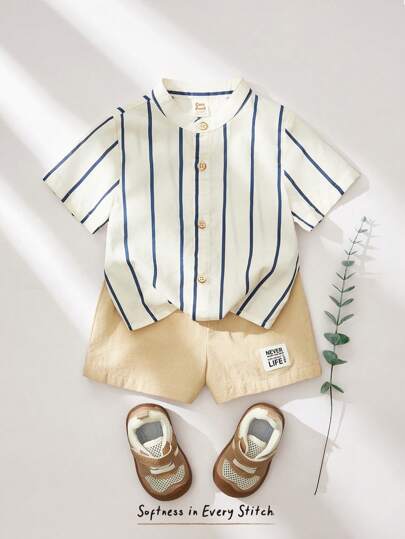 Cozy Pixies 2pcs Baby Boy Colorful Stripe Collar Short Sleeve Cardigan And Elastic Waist Shorts Set Baby Boy Summer Outfit Baby Boy Summer Set Baby Boy Striped Shirt Outfit Baby Boy Clothes Baby Boy Linen Set
