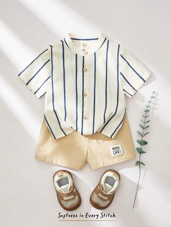 Cozy Pixies 2pcs Baby Boy Colorful Stripe Collar Short Sleeve Cardigan And Elastic Waist Shorts Set Baby Boy Summer Outfit Toddler Boy Summer Set Baby Boy Striped Shirt Outfit Baby Boy Clothes Toddler Boy Linen Set