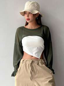 DAZY Top corto sin camiseta interior, manga larga, ropa de vuelta al colegio para mujeres - Verde Oliva - Ver 4