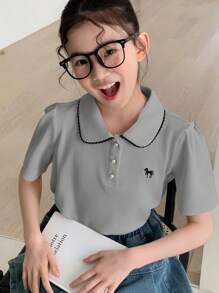Dazy Kids Tween 女童夏季马匹印花 Polo 领短袖休闲 T 恤 - 灰色 - 查看 5