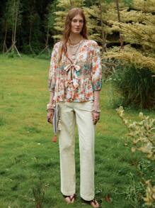 Florisole 女式复古波西米亚度假花卉印花V领系带七分袖衬衫