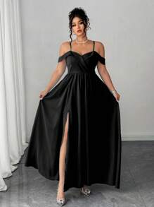Elenzga Plus Size Women Elegant Spaghetti Strap Open Slit Dress - Black - View 6