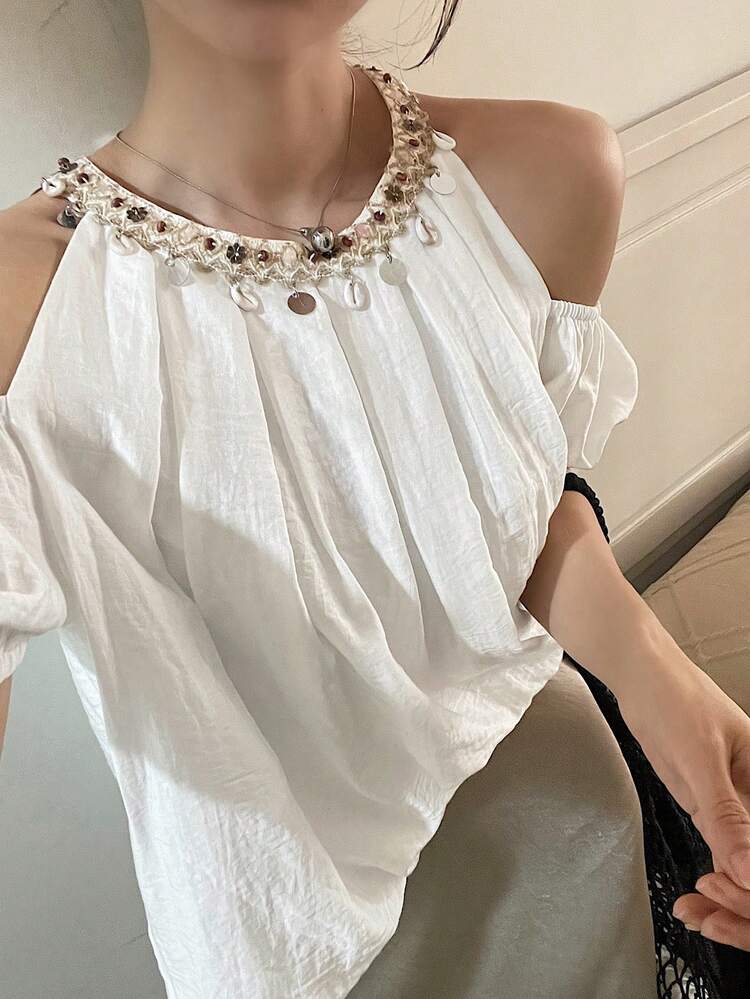 Women's Elegant Sequin Patchwork Off-Shoulder Blouse, Summer Preppy Tops