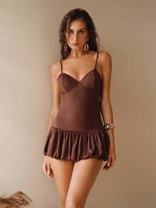Elaire Women's Steel Wired Ruffled Gather Halter Onepiece Bikini Skirt Swimsuit, Beach Vacation Style, Summer - Mocha Brown - View 5