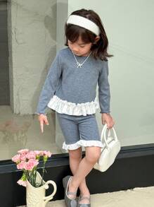 SHEIN 2pcs/Set Young Girls Casual Ruffle Hem Long Sleeve Top And Ruffle Hem Shorts Set - Multicolor - View 3
