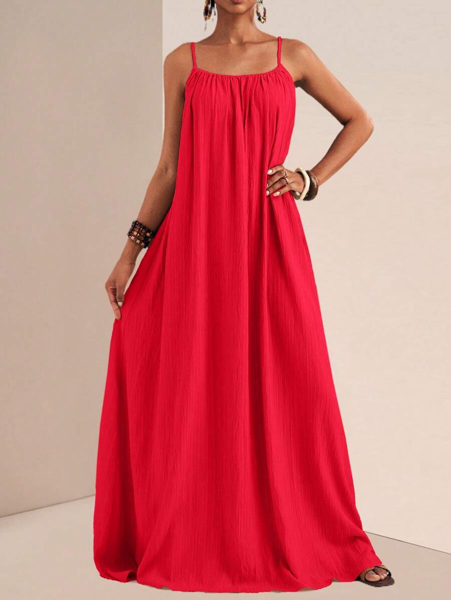 Zivah 2025 年夏季新品 - 音乐节、复活节、圣帕特里克节、西部风格、游牧风格、生日派对、毕业季、学生装、日常休闲、百搭百搭、休闲、邮轮旅行、海滩、日光浴、病毒式传播、细肩带、可调节扣、垂直纹理、宽松版型、卡其色女装 - 紅色 - 查看 1