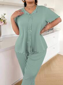SHEIN Solid Color Bow Decor Knitted Long Sleeve Top & Pants Lounge Set, Plus Size, Outfits - Green - View 3