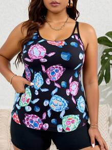 Swim Lushoire 大码女式多色海龟印花圆领可调节肩带修身宽松上衣和高腰纯色内裤性感优雅沙滩度假分体泳衣套装