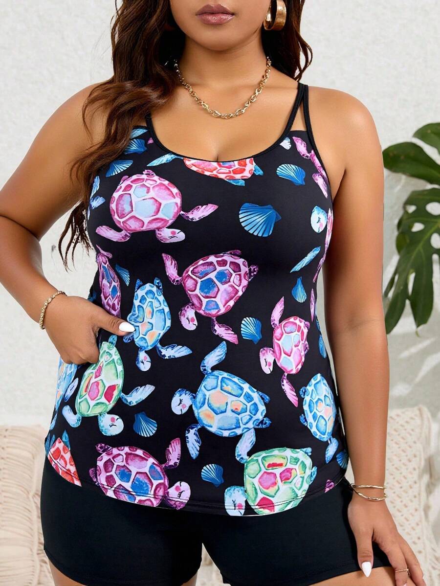 Swim Lushoire 大码女式多色海龟印花圆领可调节肩带修身宽松上衣和高腰纯色内裤性感优雅沙滩度假分体泳衣套装