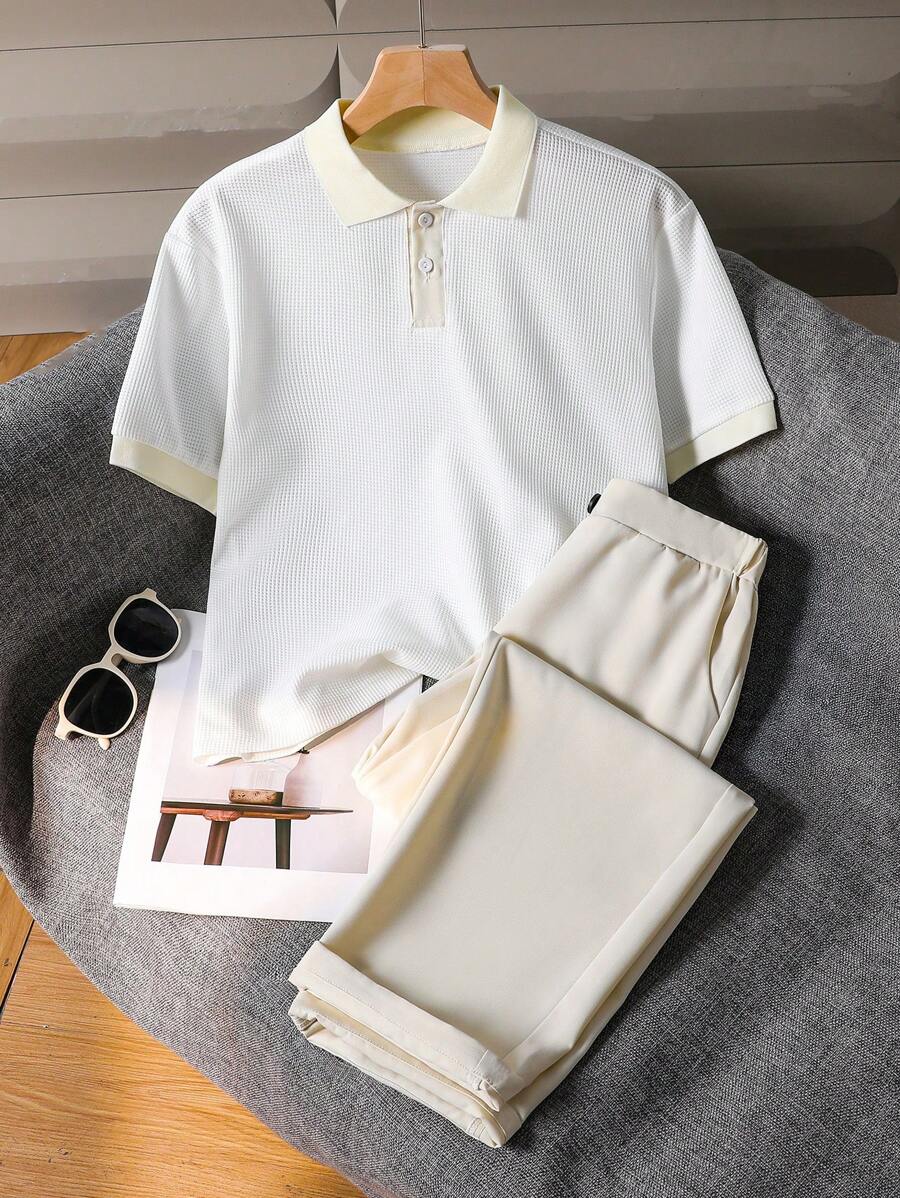 SHEIN 2 件套青少年男童绅士服装 - 短袖 Polo 衫 + 长裤优雅西装，适合生日派对、婚礼、周年纪念、毕业典礼 - 白色 - 查看 1