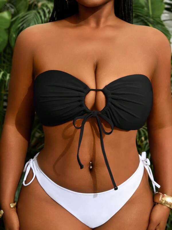 Slaydiva Sutien de bikini tip bandeau sexy cu imprimeu animal și șnur de fixare, mărime plus