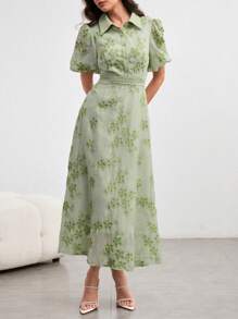 Modelyn 女式翻领腰带绿色刺绣连衣裙 - 綠色 - 查看 6