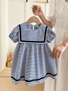 LMoss Kids 女婴海军蓝领条纹针织修身连衣裙 - 藍白色 - 查看 1
