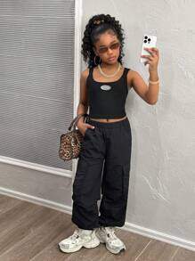 SHEIN Tween Girl Casual Streetwear Solid Color Knit Cami Top And Jogger Pants Set - Black - View 7