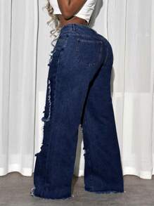 Slaydiva 大码女式街头休闲破洞牛仔裤 - 藍色 - 查看 2