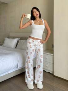Pantaloni ampi da yoga in maglia bianca con stampa di orsetto teddy a vita bassa con laccetto, abbigliamento casual per la casa, adatto per l'estate, per ragazze adolescenti