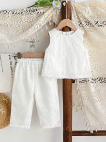 SHEIN 2pcs/Set Baby Girl Summer&Autumn Casual Style Outfit Sleeveless Flower Embroidery Top&Long Pants - White - View 1