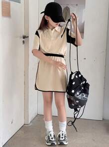 DAZY Girls Fall Outfit: Contrast Collar Short Sleeve T-Shirt + Skirt Fashion Set, Summer - Khaki - View 1