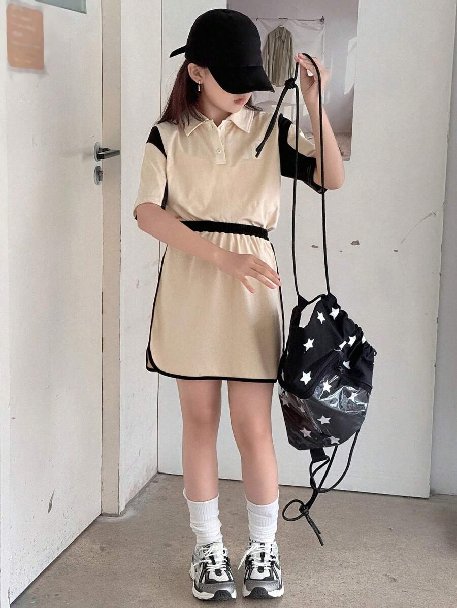 DAZY Girls Fall Outfit: Contrast Collar Short Sleeve T-Shirt + Skirt Fashion Set, Summer - Khaki - View 1
