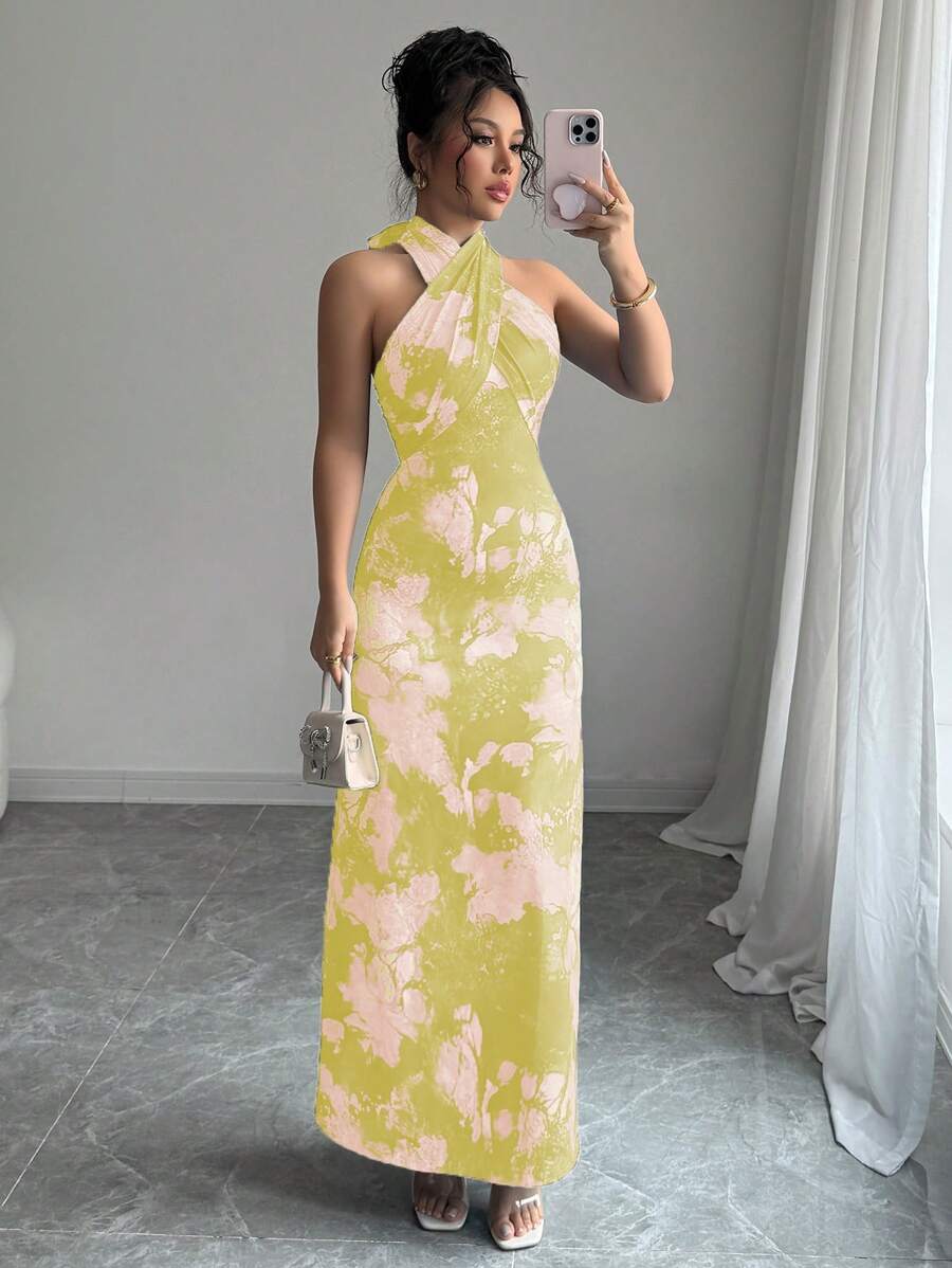 Elenzga Elegancka marmurkowa sukienka maxi z nadrukiem tie-dye i halterem - Żółty - Zobacz 1
