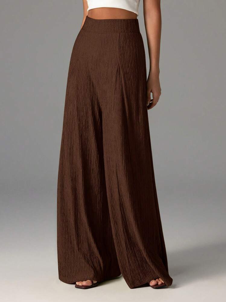 Firerie Pantalon large texturé à taille haute élégant et décontracté pour femmes, pantalon de plage, d'aéroport, d'automne - Marron - Voir 5