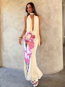 Aloruh Robe longue élégante et sexy à col V profond et dos nu avec imprimé floral, robe de thé pour femmes, robes d'été pour femmes, tenues de lune de miel pour femmes, tenues de vacances sur l'île, robe de demoiselle d'honneur pour femmes, robes d'été pour femmes, robes élégantes pour fête, robe de vacances pour femmes